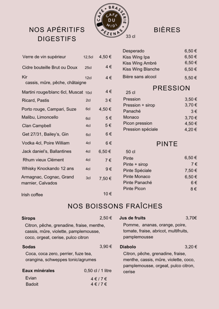Notre carte des boissons, apéritifs, digestifs, bières, sirops, sodas