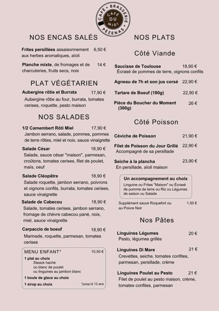 Toutes nos entrées, nos plats végétariens, nos plats de poisson et de viande