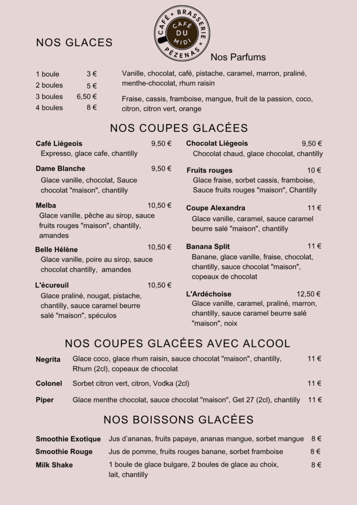 Notre carte des glaces, à emporter ou à consommer sur place dans nos belles coupes à glace.
