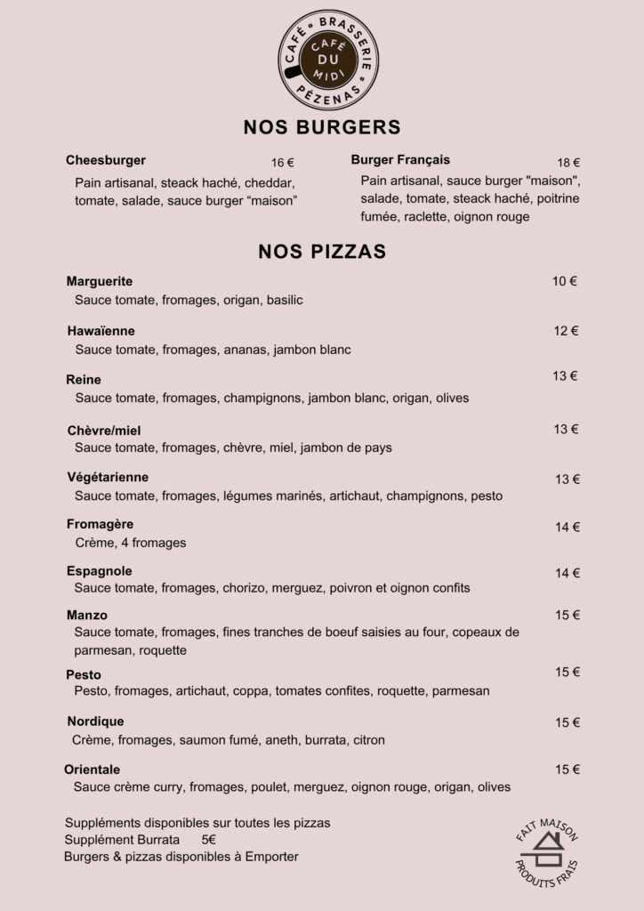 Grand choix de Pizzas et nops savoureux burger aux bun's fait maison