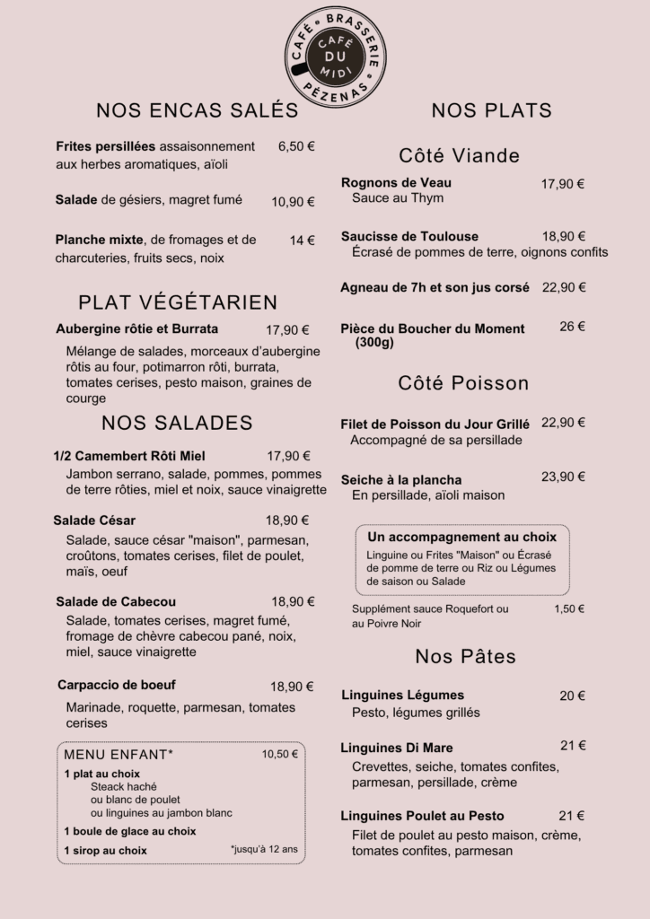 Nos Entrées, salades, plats de viande plats de poissons, plat végétarien, notre menu enfant, frites et accompagnements